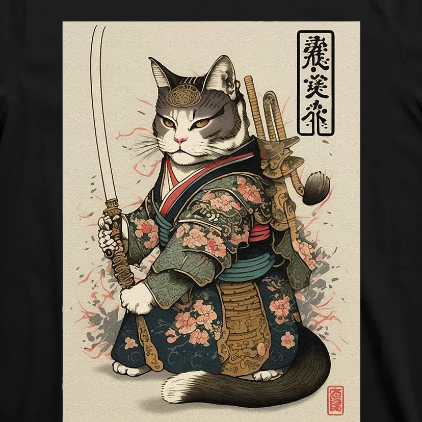 Japanese Art Cat Ninja Ukiyo-e Anime Style Samurai Cat T-Shirt