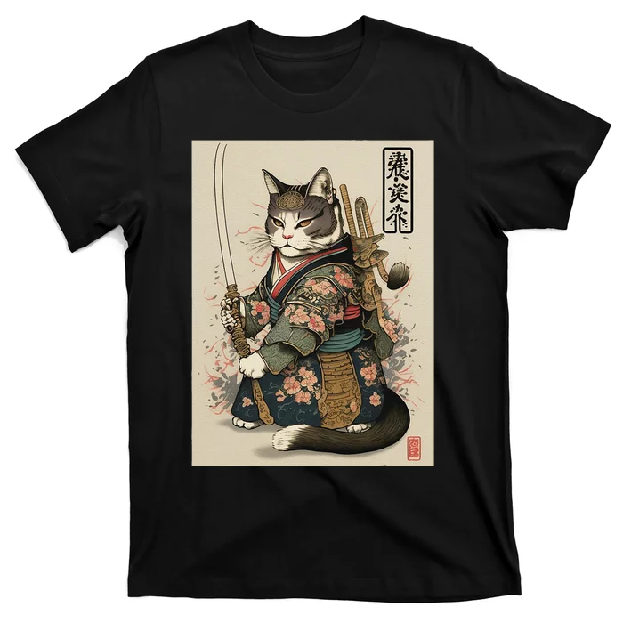 Japanese Art Cat Ninja Ukiyo-e Anime Style Samurai Cat T-Shirt