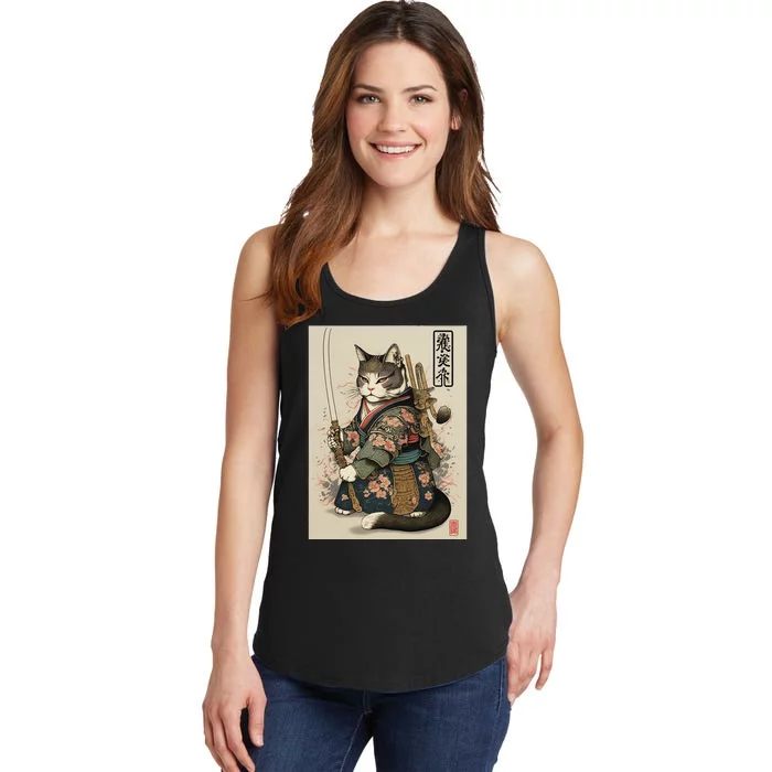 Japanese Art Cat Ninja Ukiyo-e Anime Style Samurai Cat Ladies Essential Tank