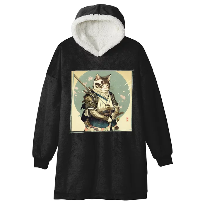 Japanese Art Cat Ninja Ukiyo-e Anime Style Samurai Cat Hooded Wearable Blanket