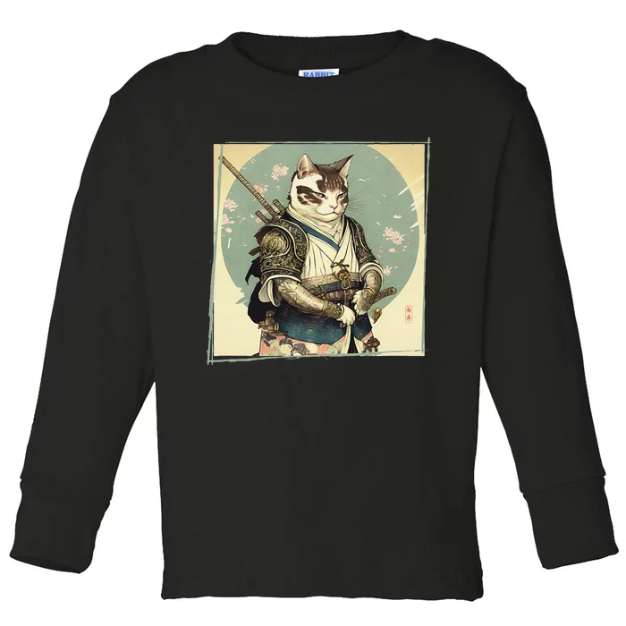 Japanese Art Cat Ninja Ukiyo-e Anime Style Samurai Cat Toddler Long Sleeve Shirt