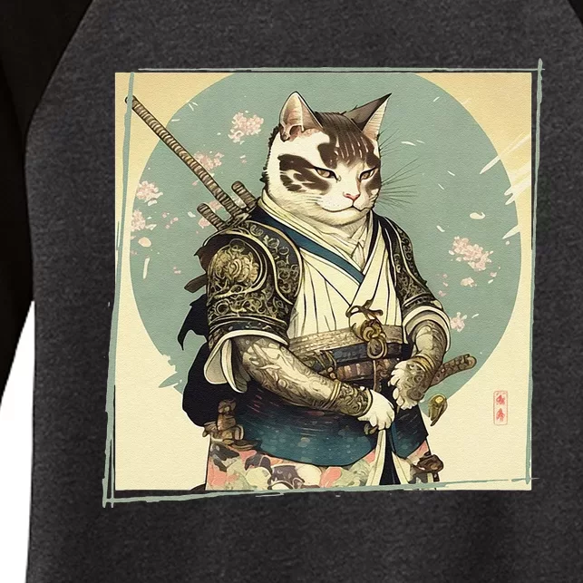 Japanese Art Cat Ninja Ukiyo-e Anime Style Samurai Cat Women's Tri-Blend 3/4-Sleeve Raglan Shirt