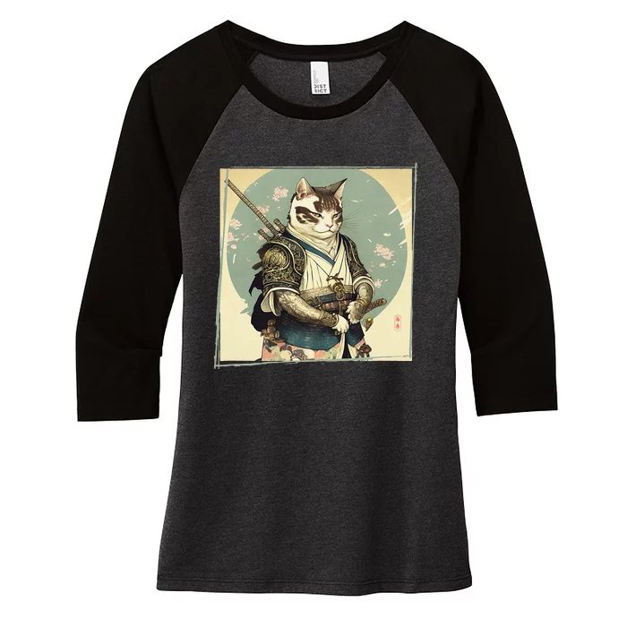 Japanese Art Cat Ninja Ukiyo-e Anime Style Samurai Cat Women's Tri-Blend 3/4-Sleeve Raglan Shirt