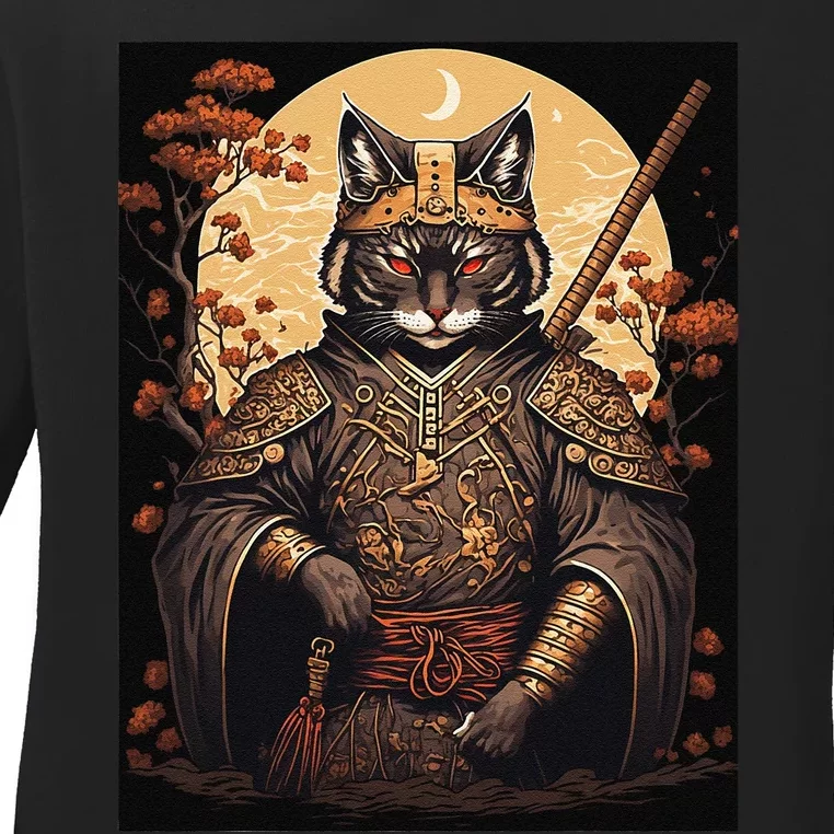 Japanese Art Cat Ninja Ukiyo-e Anime Style Samurai Cat Ladies Long Sleeve Shirt