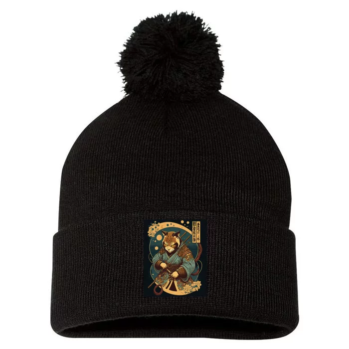 Japanese Art Cat Ninja Ukiyo-e Anime Style Samurai Cat Pom Pom 12in Knit Beanie