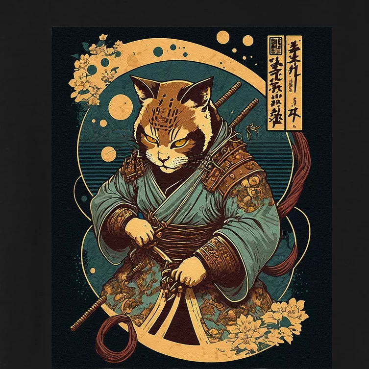 Japanese Art Cat Ninja Ukiyo-e Anime Style Samurai Cat Women's Crop Top Tee