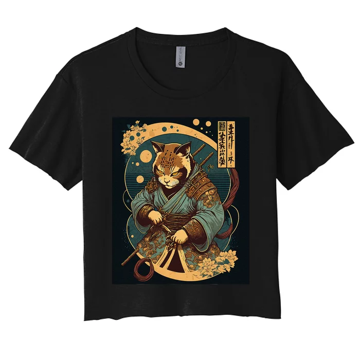 Japanese Art Cat Ninja Ukiyo-e Anime Style Samurai Cat Women's Crop Top Tee