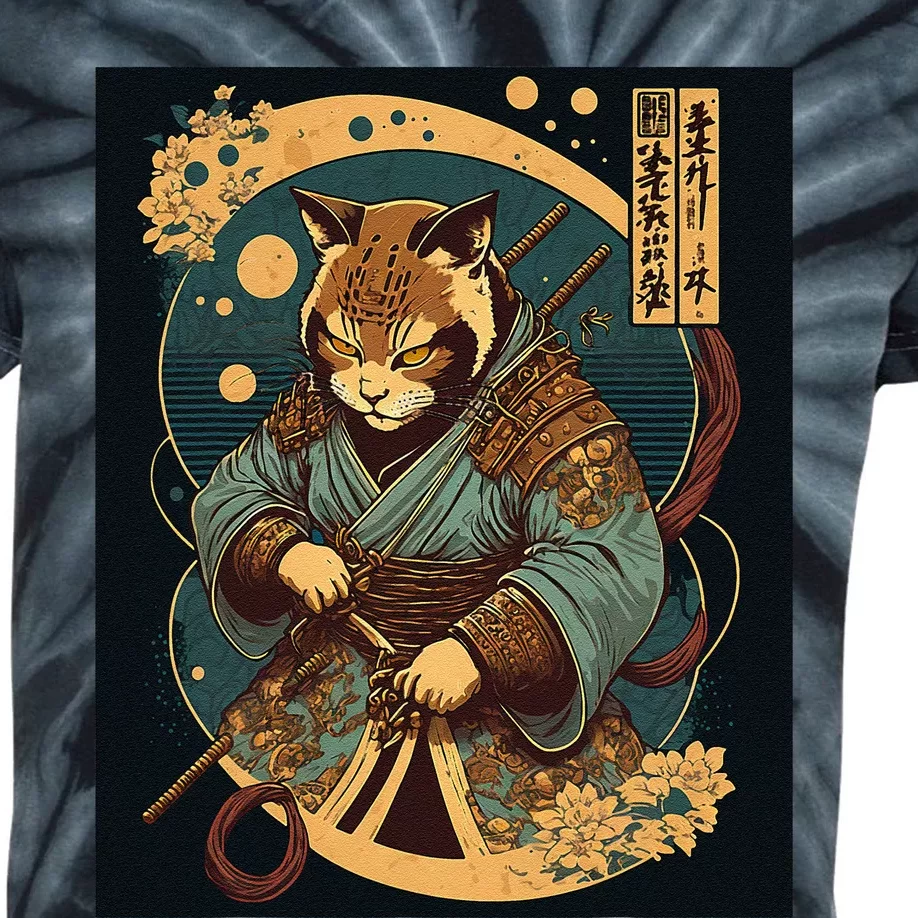 Japanese Art Cat Ninja Ukiyo-e Anime Style Samurai Cat Kids Tie-Dye T-Shirt