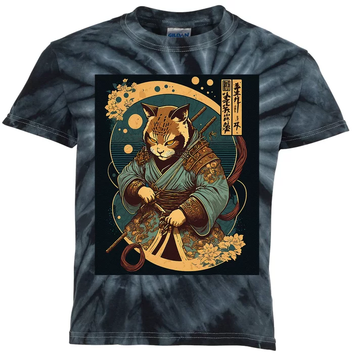 Japanese Art Cat Ninja Ukiyo-e Anime Style Samurai Cat Kids Tie-Dye T-Shirt