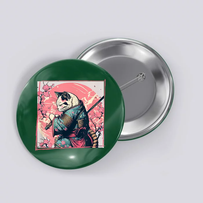 Japanese Art Cat Ninja Ukiyo E Anime Style Samurai Cat Button