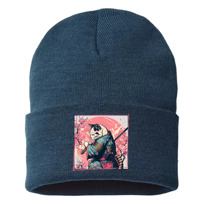 Japanese Art Cat Ninja Ukiyo E Anime Style Samurai Cat Sustainable Knit Beanie