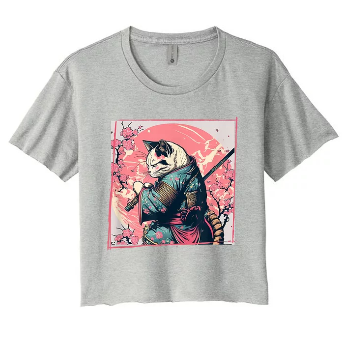 Japanese Art Cat Ninja Ukiyo E Anime Style Samurai Cat Women's Crop Top Tee