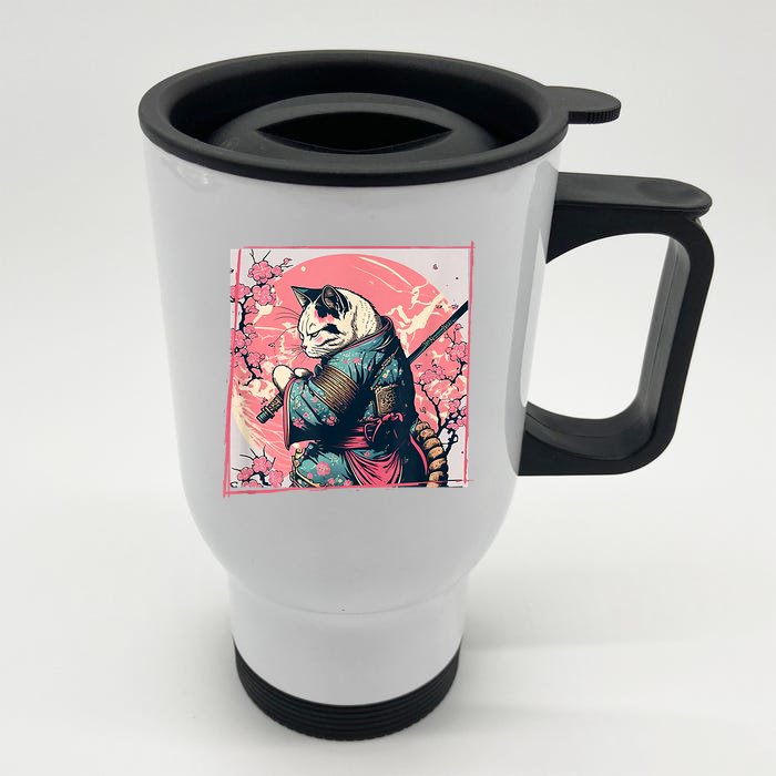 Japanese Art Cat Ninja Ukiyo E Anime Style Samurai Cat Front & Back Stainless Steel Travel Mug