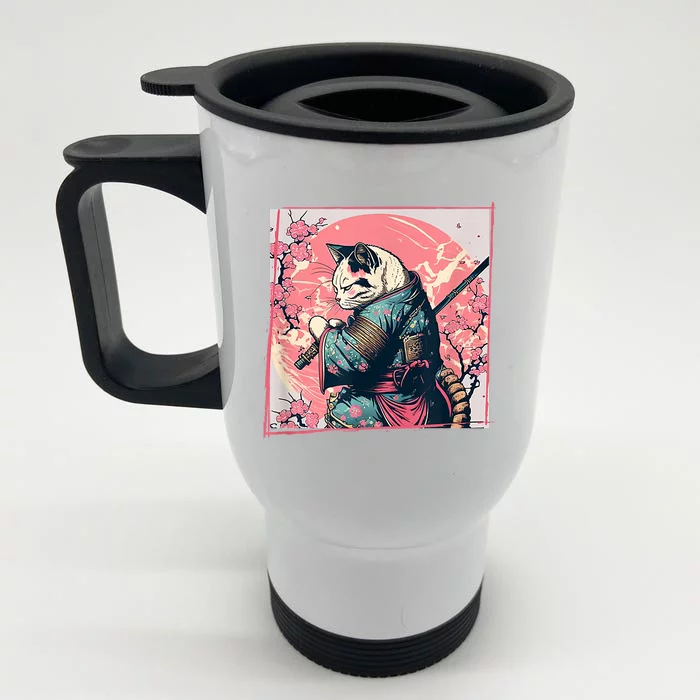 Japanese Art Cat Ninja Ukiyo E Anime Style Samurai Cat Front & Back Stainless Steel Travel Mug