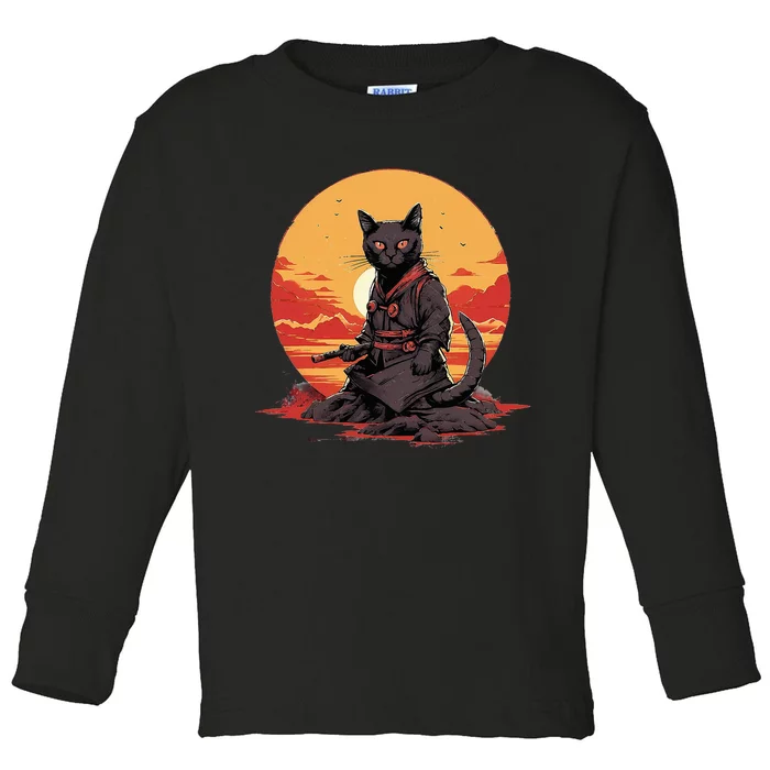 Japanese Art Cat Ninja Ukiyoe Anime Samurai Cat Toddler Long Sleeve Shirt