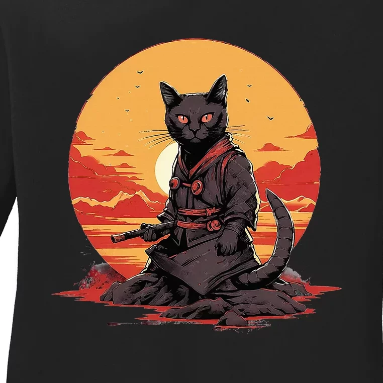 Japanese Art Cat Ninja Ukiyoe Anime Samurai Cat Ladies Long Sleeve Shirt