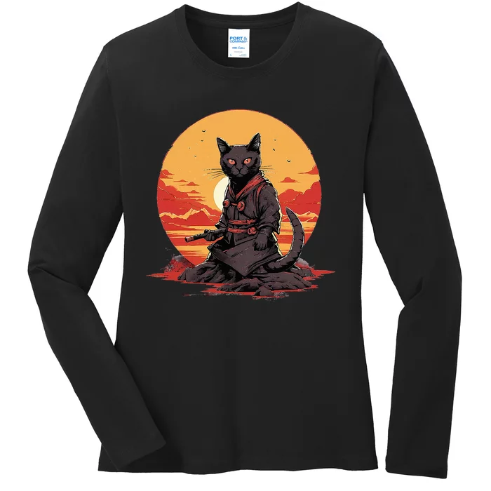 Japanese Art Cat Ninja Ukiyoe Anime Samurai Cat Ladies Long Sleeve Shirt