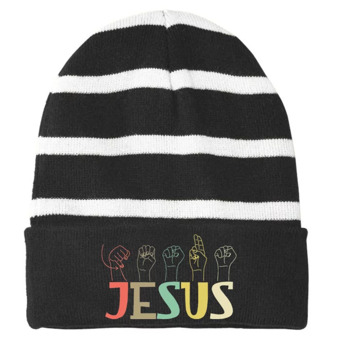 Jesus Asl Christian Deaf Dhh Asl Teacher Sign Language Striped Beanie with Solid Band