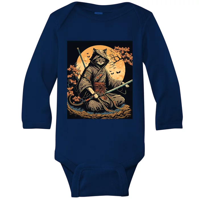 Japanese Art Cat Ninja Ukiyoe Anime Style Samurai Cat Baby Long Sleeve Bodysuit