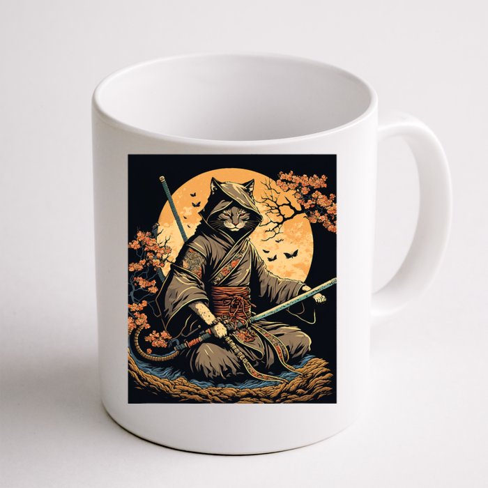 Japanese Art Cat Ninja Ukiyoe Anime Style Samurai Cat Front & Back Coffee Mug