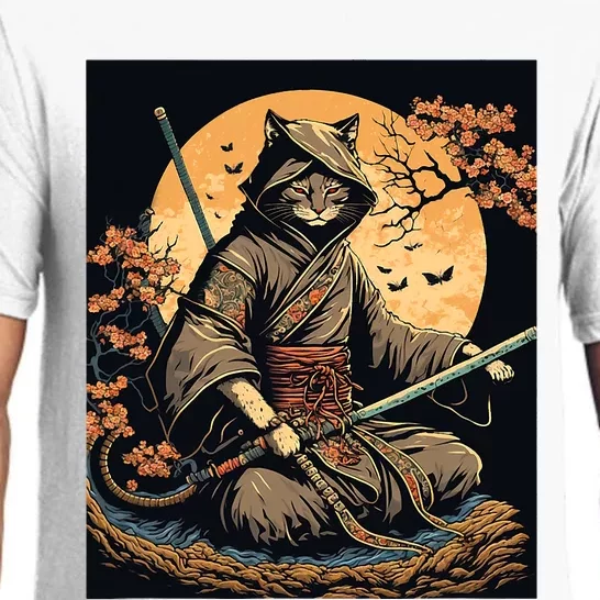 Japanese Art Cat Ninja Ukiyoe Anime Style Samurai Cat Pajama Set