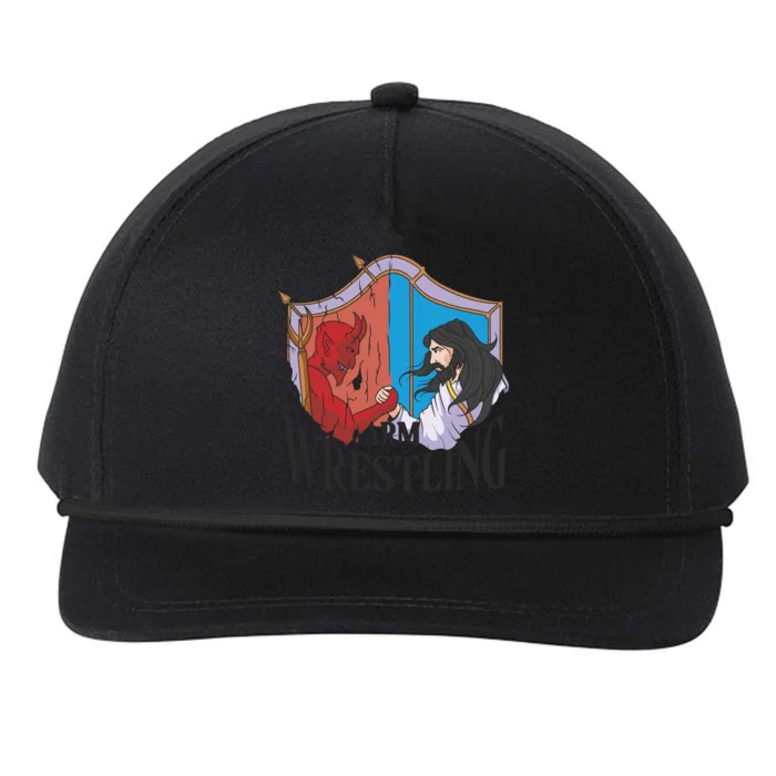 Jesus And Devil Arm Wrestling Snapback Five-Panel Rope Hat