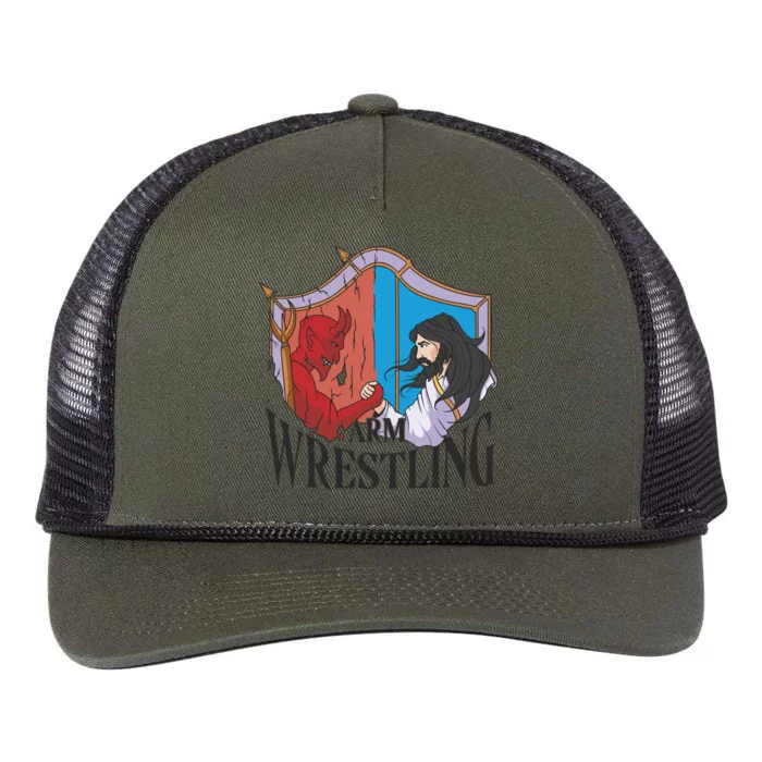 Jesus And Devil Arm Wrestling Retro Rope Trucker Hat Cap