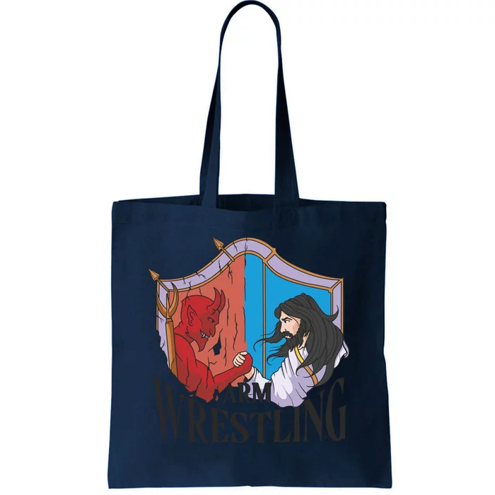 Jesus And Devil Arm Wrestling Tote Bag