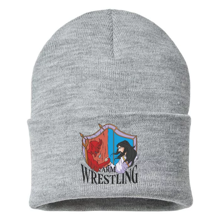 Jesus And Devil Arm Wrestling Sustainable Knit Beanie