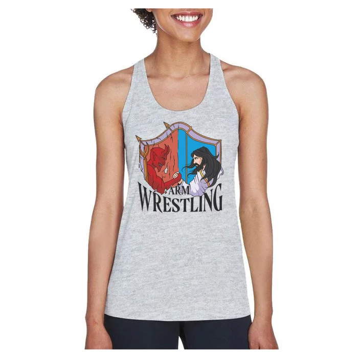 Jesus And Devil Arm Wrestling Women's Racerback Tank