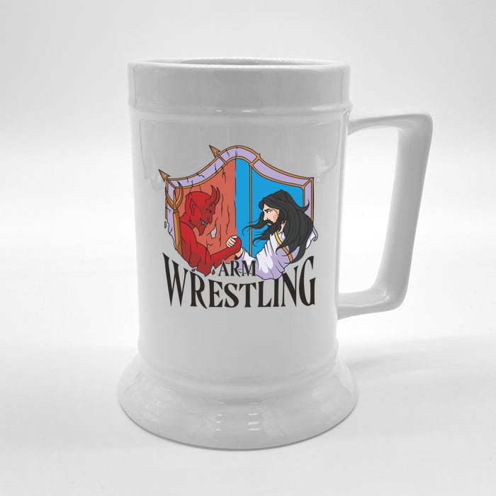 Jesus And Devil Arm Wrestling Front & Back Beer Stein