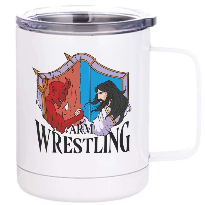 Jesus And Devil Arm Wrestling Front & Back 12oz Stainless Steel Tumbler Cup