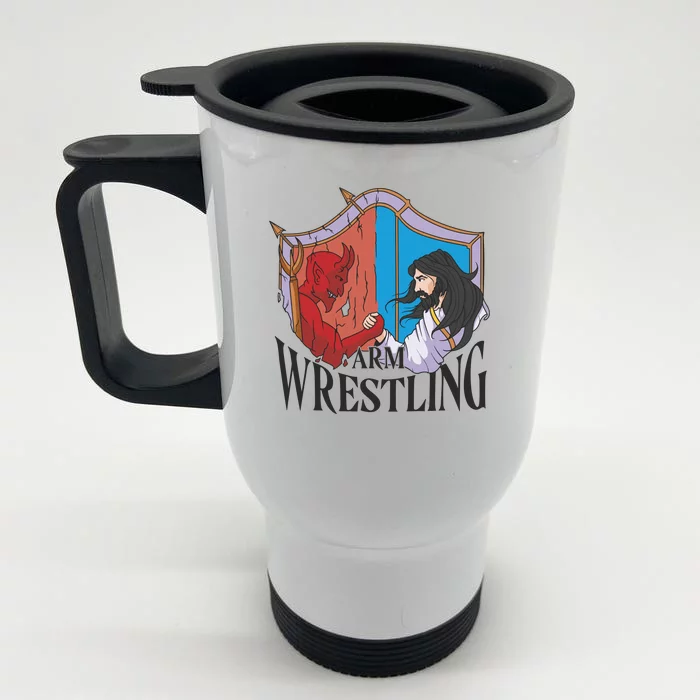 Jesus And Devil Arm Wrestling Front & Back Stainless Steel Travel Mug