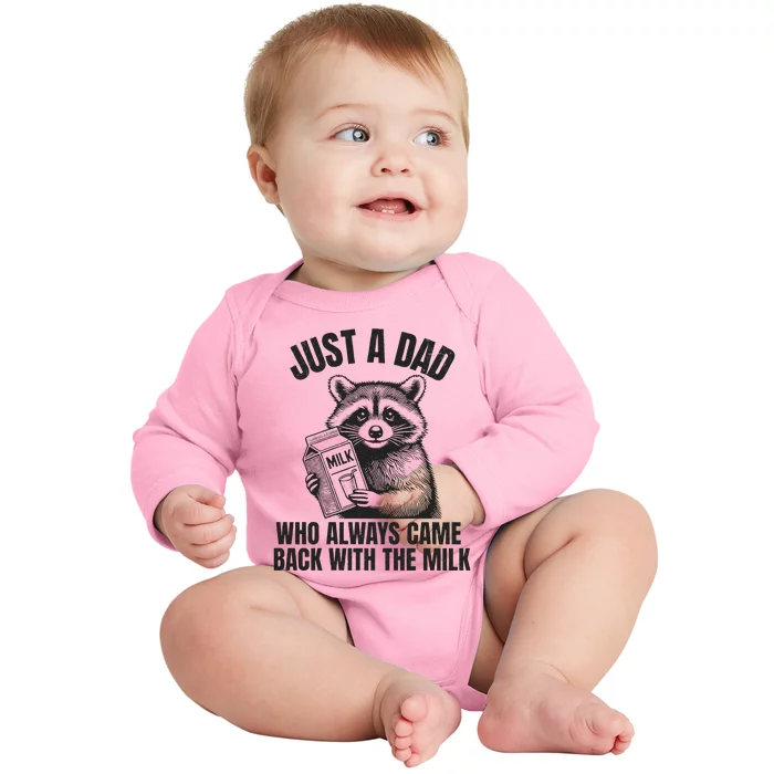 Just A Dad Who Came Back With The Milk FatherS Day Raccoon Baby Long Sleeve Bodysuit