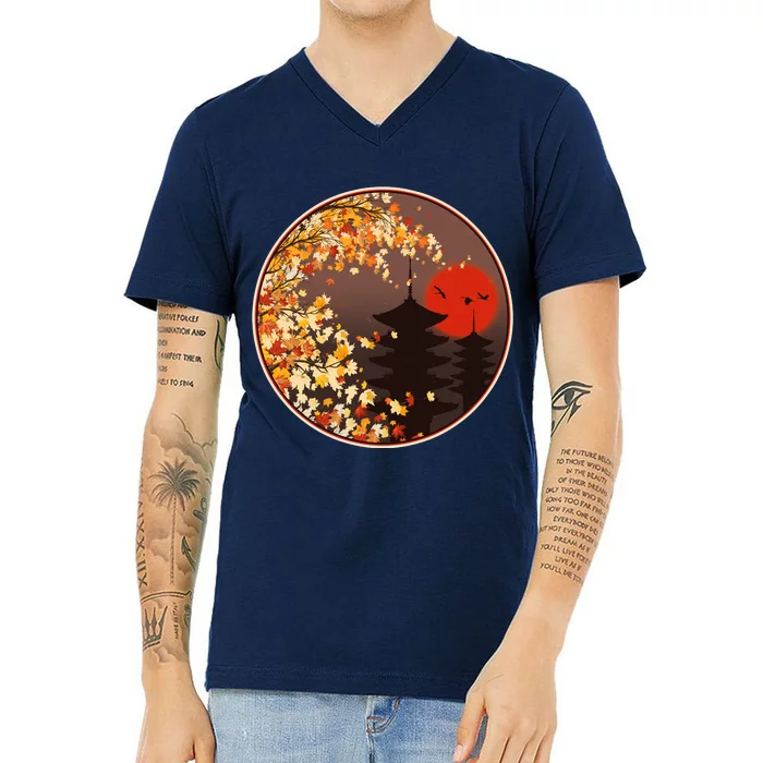 Japanese Autumn Fall Leaves Pagodas V-Neck T-Shirt