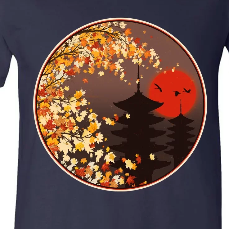 Japanese Autumn Fall Leaves Pagodas V-Neck T-Shirt