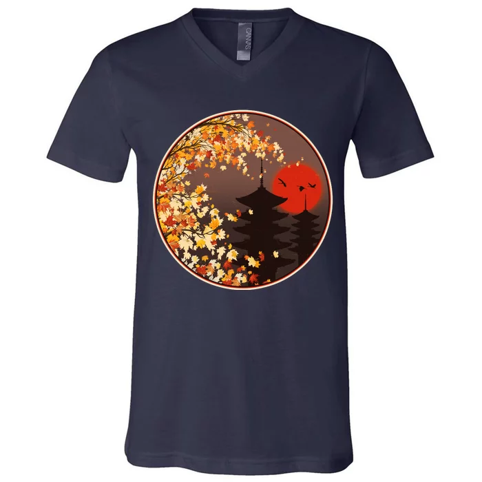 Japanese Autumn Fall Leaves Pagodas V-Neck T-Shirt