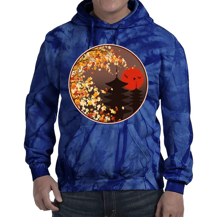 Japanese Autumn Fall Leaves Pagodas Tie Dye Hoodie