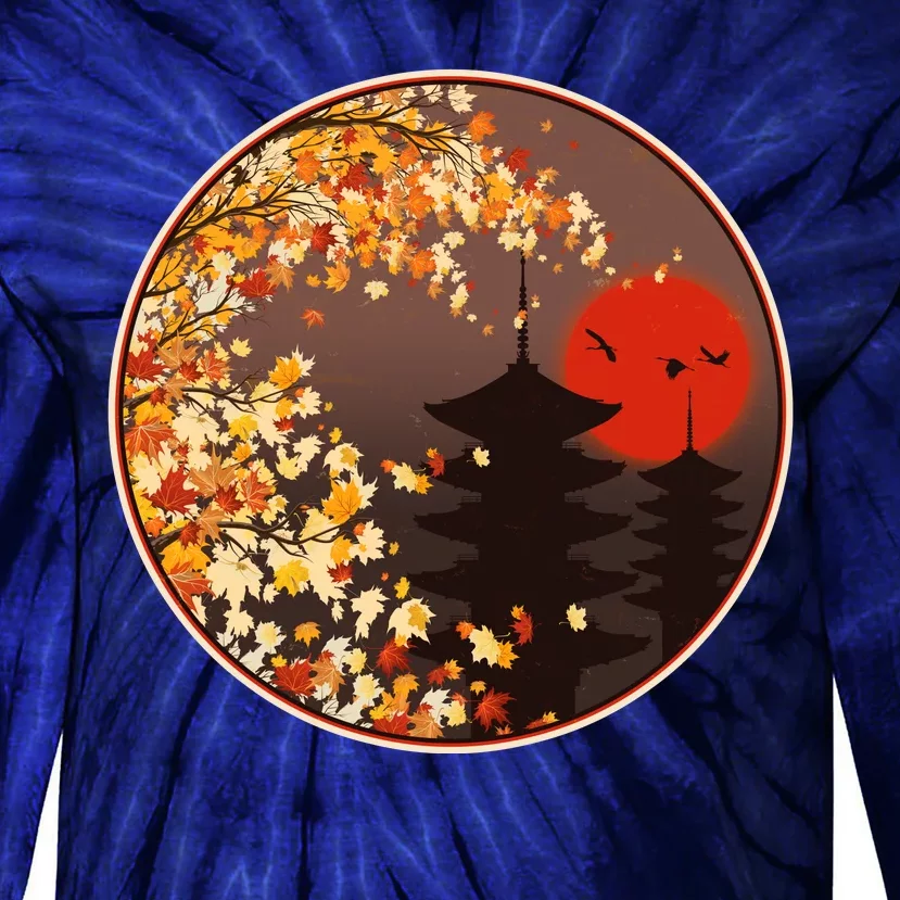 Japanese Autumn Fall Leaves Pagodas Tie-Dye Long Sleeve Shirt