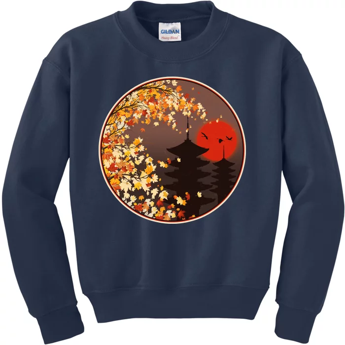 Japanese Autumn Fall Leaves Pagodas Kids Sweatshirt