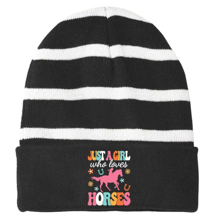 Just A Girl Who Loves Horses Horse Lover Striped Beanie with Solid Band