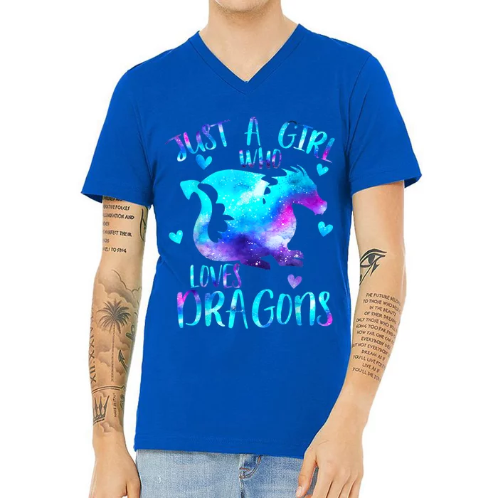 Just A Girl Who Loves Dragons Galaxy Space Dragon Cute Gift For Girls V-Neck T-Shirt