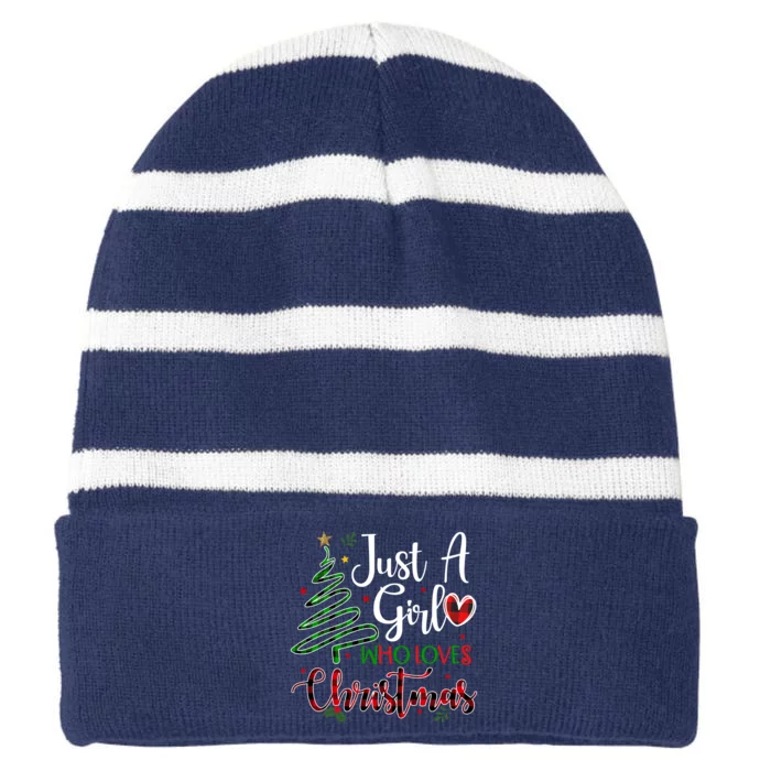 Just A Girl Who Loves Christmas Festive Striped Beanie with Solid Band