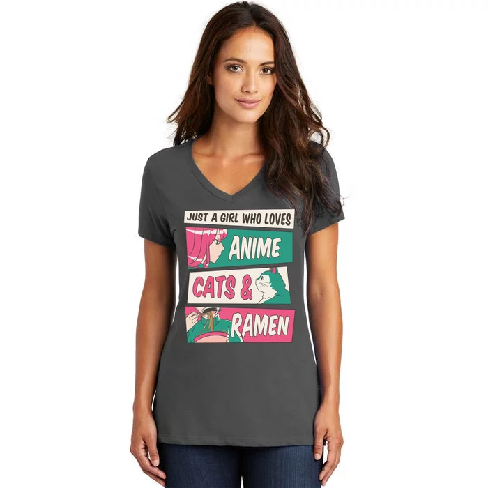 Just A Girl Who Loves Anime Cats And Ramen Women's V-Neck T-Shirt