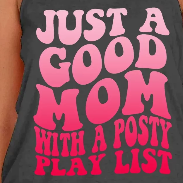 Just A Good Mom With A Posty Play List Groovy Saying Women's Knotted Racerback Tank