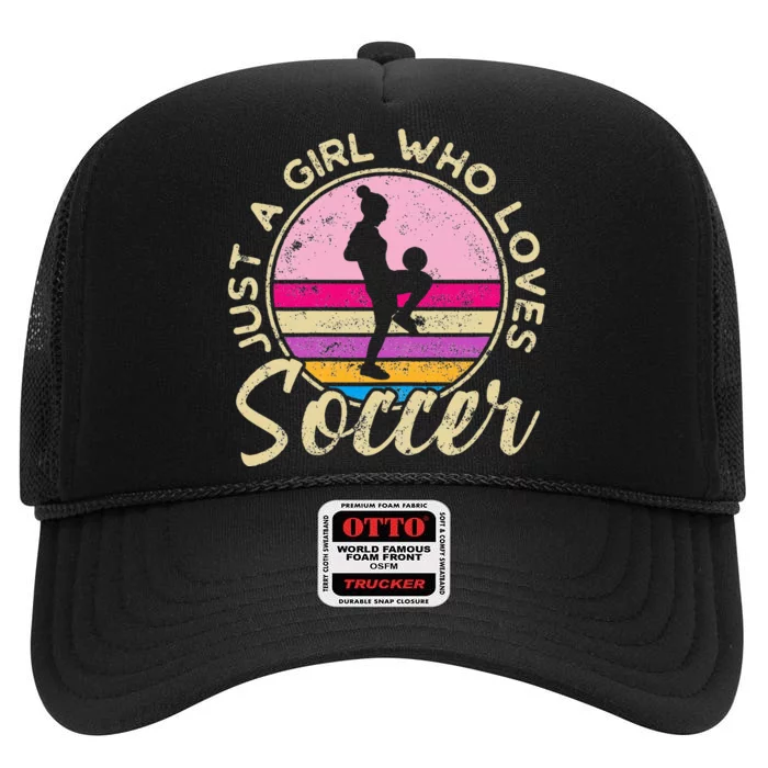 Just A Girl Who Loves Soccer Women Retro Vintage Soccer High Crown Mesh Trucker Hat