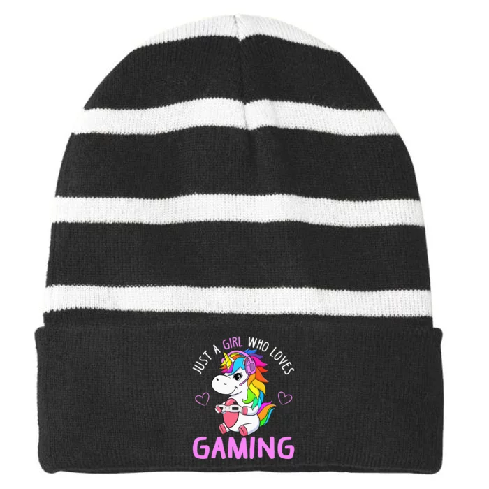 Just A Girl Who Loves Gaming Cute Gamer Unicorn Gift Women Striped Beanie with Solid Band