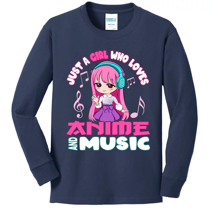 just a girl who loves anime and music chibi graphic Kids Long Sleeve Shirt