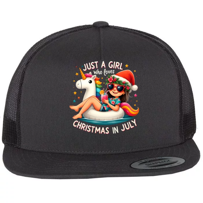 Just A Girl Who Loves Christmas In July Funny Girl Unicorn Flat Bill Trucker Hat