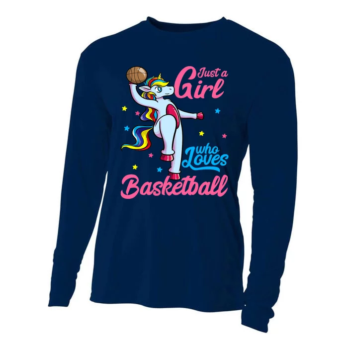 Just a Girl Who Loves Basketball Unicorn Dunking Ball Cooling Performance Long Sleeve Crew